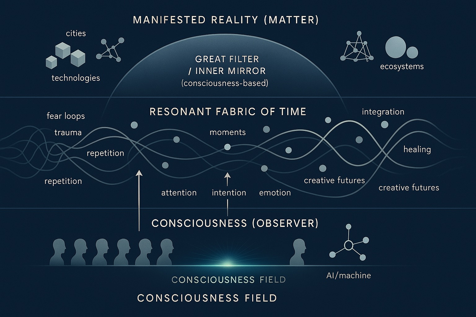 Manifest Reality diagram — how resonance and the heart field shape timelines
